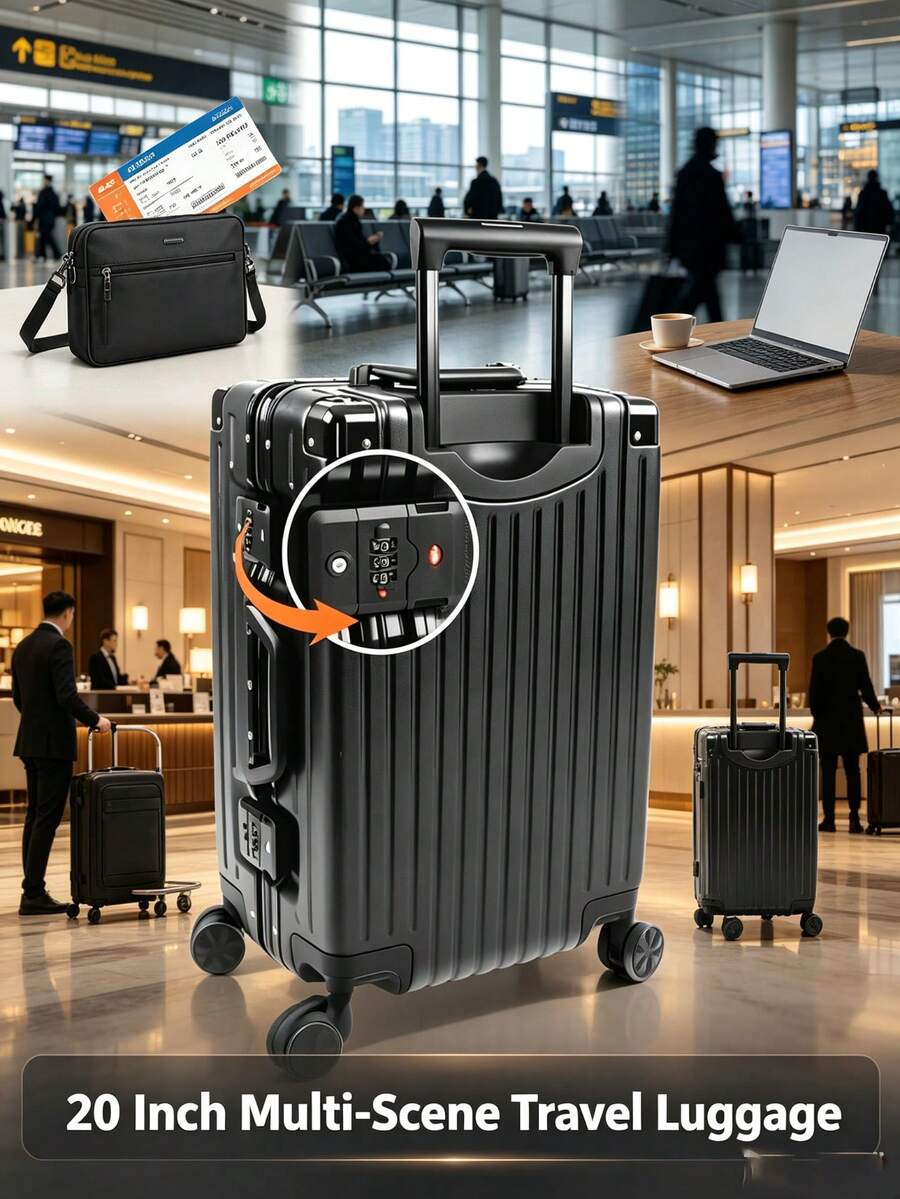 1pc 20-Inch Thick Hard Sided Luggage, Large Capacity Password Lock Suitcase, Spinner Wheels, Zipper Closure, Aluminum Frame, Multiple Colors - Black Aluminum Frame - View 1