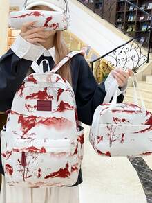 Ins Style Ink Wash Mountain Watermark High-Density Soft Nylon Backpack 3 Pieces Set With Multiple Compartments, Stress-Relief Wide Strap, Daily Commute And Travel - Multicolor - View 2