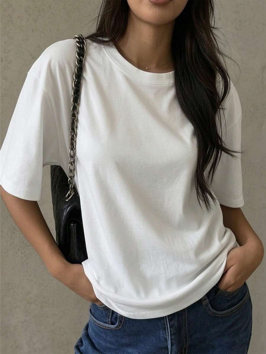 女款圓領短袖T恤,夏季新款時尚純色休閒百搭寬鬆上衣 - 白色 - 查看 1