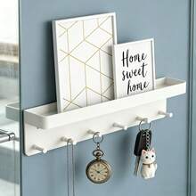 1pc Wall-Mounted Key Rack With 6 Hooks, Kitchen Storage Shelf Organizer, Bathroom Adhesive Holder For Keys Clothes Umbrella, Modern Design Home Wall Decor Hanger Stylish (Black, White) - Multicolor - View 1