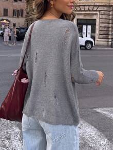 Autumn New Loose Hollow-Out Distressed Slouchy Long Sleeve Air Conditioning Shirt Sun Protection Top - Grey - View 3