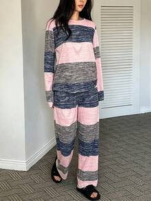 女款條紋拼色圓領長袖上衣與長褲家居服套裝 - 彩色 - 查看 3