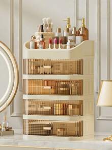 Cosmetic Storage Box, Desktop Sliding Door With Drawer Design, High-End Luxury, Dust-Proof, Vanity Organizer Rack, Keeps Desktop Tidy, Solves Storage Problems In One Box, Instantly Saves Desktop Space, Tall Top, Compartment Storage, 99% Of Tall Bottles Can Be Stored, Large Capacity, Cosmetic Storage Rack - Multicolor - View 14