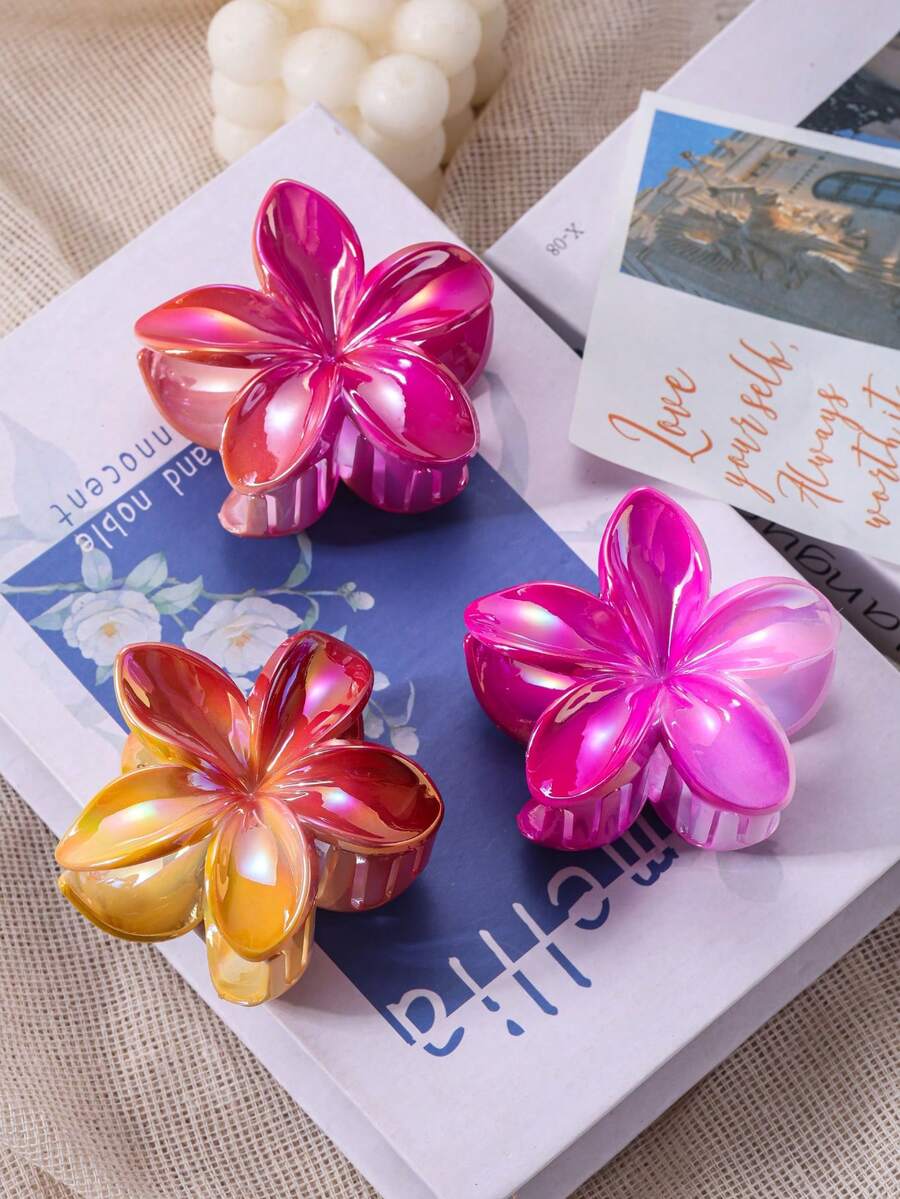 3pcs/1pc 8cm/3.14inch Large Hibiscus Flower Shaped Hair Clips, Colorful And Vibrant, Made Of Lightweight Plastic Material, Suitable For Daily Wear, Outdoor Activities, Casual Occasions, Party Gatherings, Commuting, Beach Vacations And More. Can Be Used For Hairstyles Like Ponytails, Buns, And More, Also Perfect For Daily Care Steps Like Washing Face, Bathing, And Makeup, Making It A Perfect Accessory Item. - Multicolor - View 1