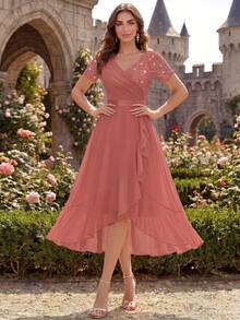 MIUSOL V-Neck Sequin Floral Lace Patchwork Chiffon Ruffle Hem Elegant Ball Party Midi Dress, Semi-Formal Evening Gown, Wedding Guest Dress Summer - Dusty Pink - View 6