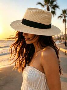 1 pieza Sombrero fedora de paja de papel tejido a mano, sombrero de sol transpirable ligero y plegable, ala ancha con protección UV y cinta negra, para mujer y hombre, playa y viajes - Multicolor - Ver 1