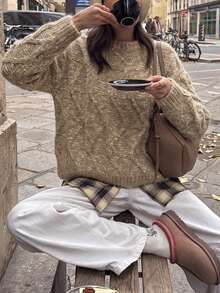 Women's Round Neck Long Sleeve Casual Loose Fit Versatile Sweater - Khaki - View 1