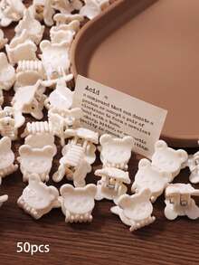 10/30/50pcs White Bear Head Creamy Soft 3D Mini Claw Clips Solid Color Cute Side Bangs Hair Clips Fresh Hair Claw - White - View 6