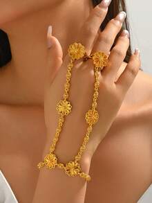 1pc Elegant Exotic Sunflower Single Finger Ring Bracelet, Suitable For Women's Banquet, Party, Wedding - Gold - View 9