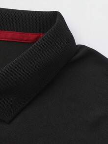 Men's Long Sleeve Polo Shirt, Contrast Red Placket Soft Fabric Casual Top With Fitted Cuffs For Daily Business Golf Wear - Black - View 6