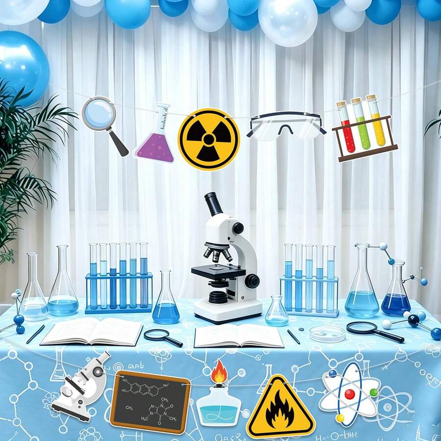 2 Science Lab Theme Banner Garlands, 10 Cartoon Lab Cutout Flags, Beaker, Radiation Sign, Goggles, Microscope, Atom, Flame, Warning Sign Hanging Decorations, Suitable For Scientist Birthday Party And Classroom Decor - A - View 1