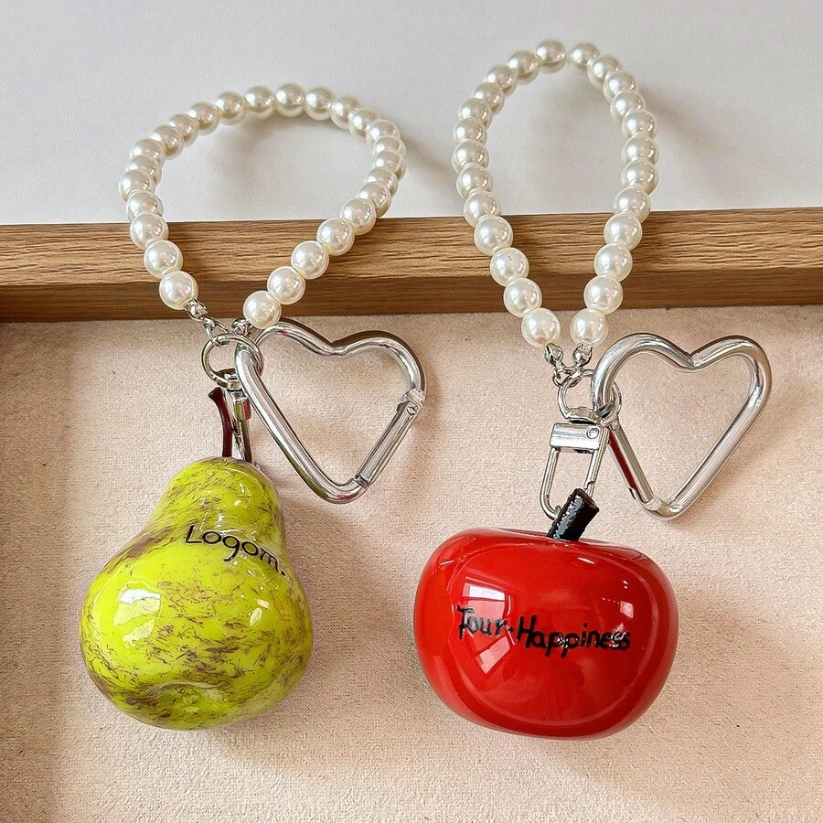 1pc Realistic Fruit Bag Charm Keychain, Lifelike Apple Or Pear Pendant With Pearl Handle And Heart Clasp, Handbag Accessory, Backpack Charm, Key Ring - Multicolor - View 1
