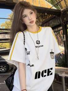 女款寬鬆條紋拼色字母印花短袖T恤，百搭夏季上衣休閒白色 - 白色 - 查看 1