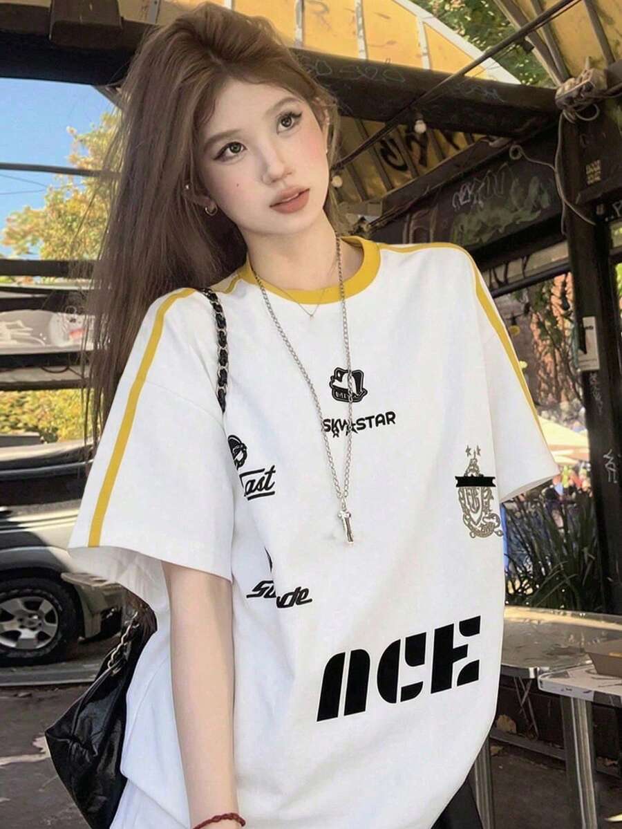 女款寬鬆條紋拼色字母印花短袖T恤,百搭夏季上衣休閒白色 - 白色 - 查看 1
