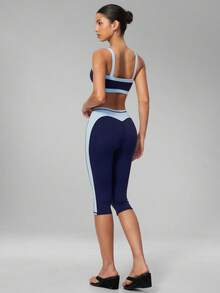MFVIM Women 2 Pieces Yoga Set, Colorblock Square Neck Camisole Top & High Waist Slimming Capris Anti-Exposure - Navy Blue - View 6