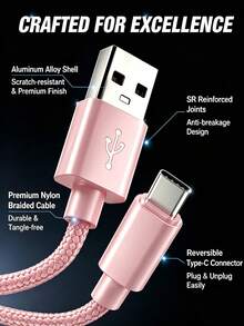1~3件 USB Type-C 快充線，尼龍編織，3.3英尺/6.6英尺/10英尺長度，USB-A 轉 USB-C 充電線，相容於 Galaxy S25/24/S23/S22/S21 手機，相容於 16/16 Pro Max/15/15 Plus/15 Pro/15 Pro Max，手機配件/汽車配件，粉紅色，C-Type 快充線 - 彩色 - 查看 4