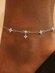 1pc Women's Fashion Premium Single Layer Clover Rhinestone Ankle Bracelet, Non-Fading, Suitable For Daily Wear, Party, Gathering, Beach - Silver - View 1