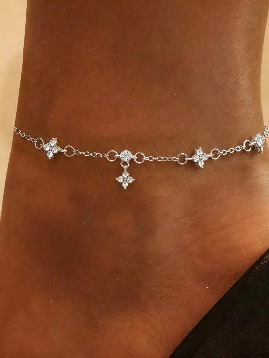 1pc Women's Fashion Premium Single Layer Clover Rhinestone Ankle Bracelet, Non-Fading, Suitable For Daily Wear, Party, Gathering, Beach - Silver - View 1