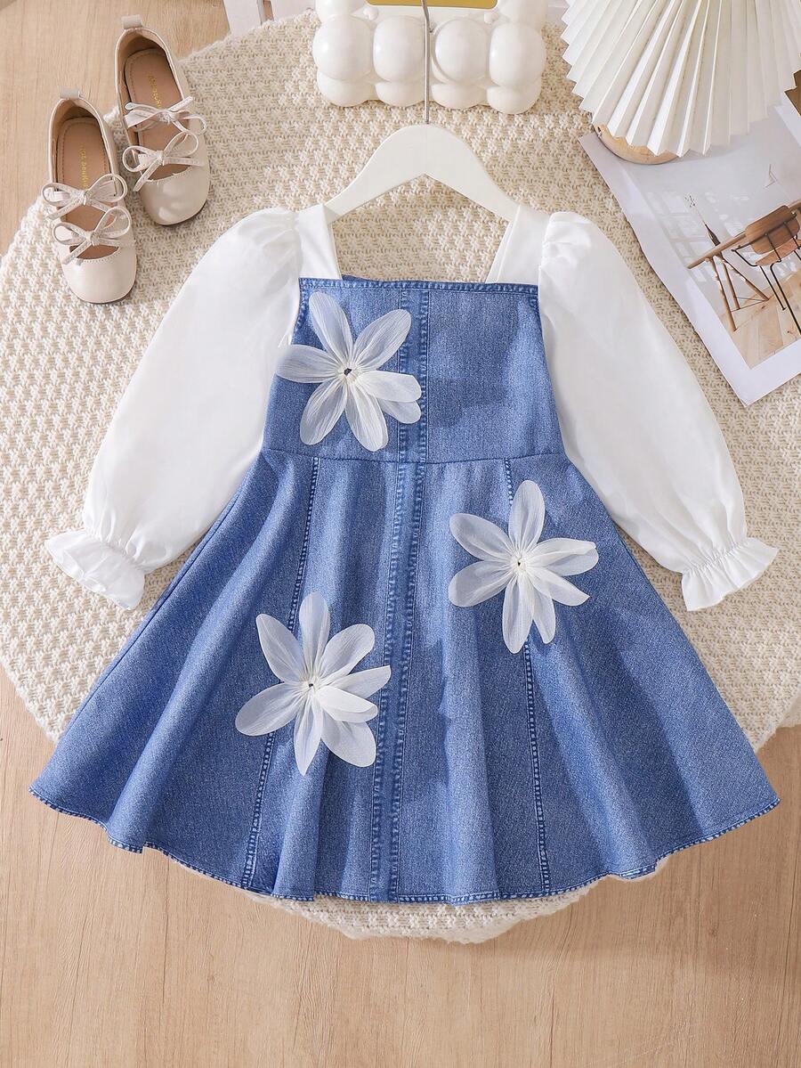 4-7 Years Old Girls Vintage Blue Floral Print Dress, White Puff Long Sleeve Square Neck Dress, 3D Mesh Flower Decor, A-Line Loose Full Skirt, Delicate Cuffed Lace Sleeves, Sweet Princess Dress For Spring/Autumn Outings, Birthday Photos, Versatile - Blue - View 1