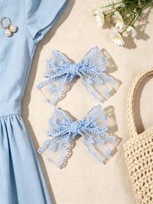 2pcs Blue Lace Hair Bow For Teen Girls, Delicate Bow Knot Alligator Clip, Daily Hairpin Set, Sweet Teen Girls Hair Accessories - Blue - View 8