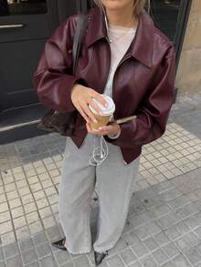 女款酒紅色PU皮革夾克，長袖拉鍊領常規版型外套，適合秋季 - 酒紅色 - 查看 1