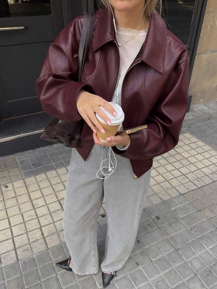 女款酒紅色PU皮革夾克,長袖拉鍊領常規版型外套,適合秋季 - 酒紅色 - 查看 1