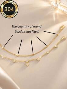 ZCNC 2pcs/Set 18k Gold Plated Women's Cute Sweet Heart Pendant Anklet Stackable Set, 304 Stainless Steel Waterproof, Hypoallergenic, Suitable For Daily Wear/Beach Vacation Party/Gift/Anniversary/Halloween/Christmas Gift - Gold - View 4
