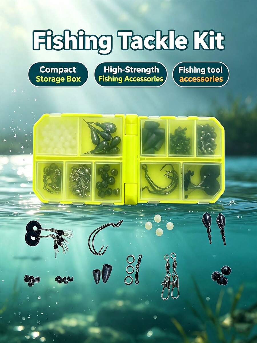 GOTURE 1 Set Folding Small Box Fishing Gear Accessories Kit - Carbon Steel + PVC Material, Glow-In-The-Dark Black & Yellow Color, Portable Storage Box, Suitable For Lakes And Rivers - Universal Curved Mouth Lure Design, Suitable For Bass/Black Bass - Multicolor - View 1