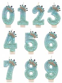 1pc Ice Blue Glitter Number Birthday Candle 0-9, Luxury Crown Style, Suitable For Girls' First Birthday Party, Princess Theme Cake Decoration, Kids Dessert Decoration - Ice Blue - View 9