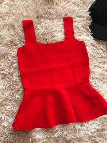 Regata Peplum em Tricô Modal Premium Decote Reto Alças Largas - Vermelho - Visão 3
