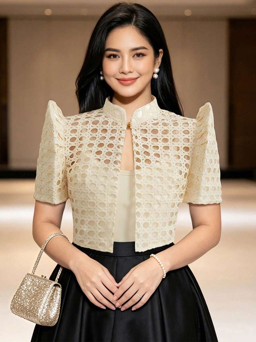 女款時尚優雅花瓣袖短袖上衣 - 香檳色 - 查看 1