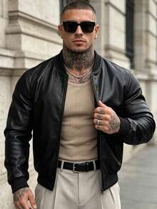 American Style Premium Baseball Collar PU Leather Jacket, Loose Casual Motorcycle Style Men's Leather Coat - Black - View 2