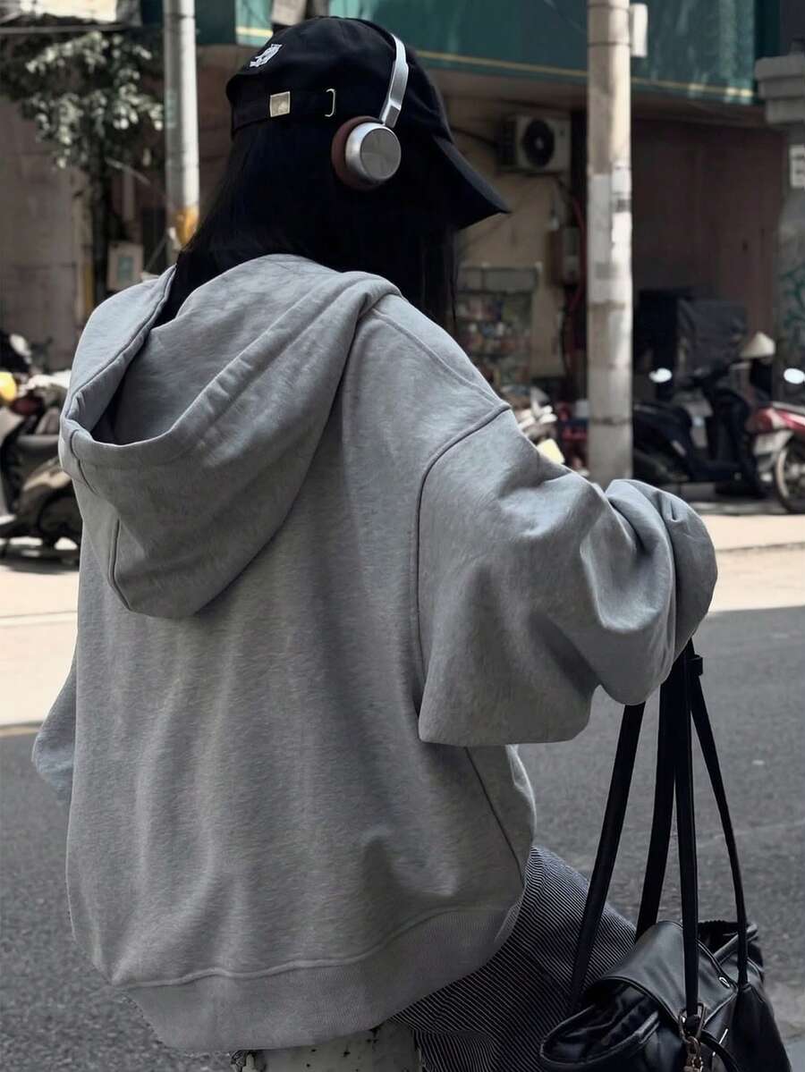 女款新款秋冬純色連帽衛衣，抽繩設計，附口袋，休閒百搭寬鬆上衣，時尚日常穿搭 - 灰色 - 查看 1