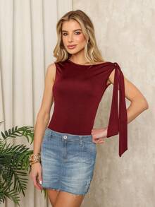 Women's Bodysuit With Tie Bow And Asymmetrical Neckline, Sleeveless, Ideal For Romantic Dates, Casual, Vacation And Summer - 酒紅色 - 查看 7