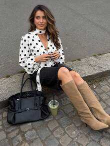 French Vintage Polka Dot Ribbon Blouse For Women, Design-Focused V-Neck Cinched Waist Puff Sleeve Fitted Long Sleeve Top, Suitable For Commuting, Dating, And Street Photography - White - View 7