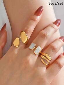 3Pcs Geometric Rings Set Irregular & White Enamel Stackable Jewelry For Women Party Accessories Holiday Gift - Gold - View 1