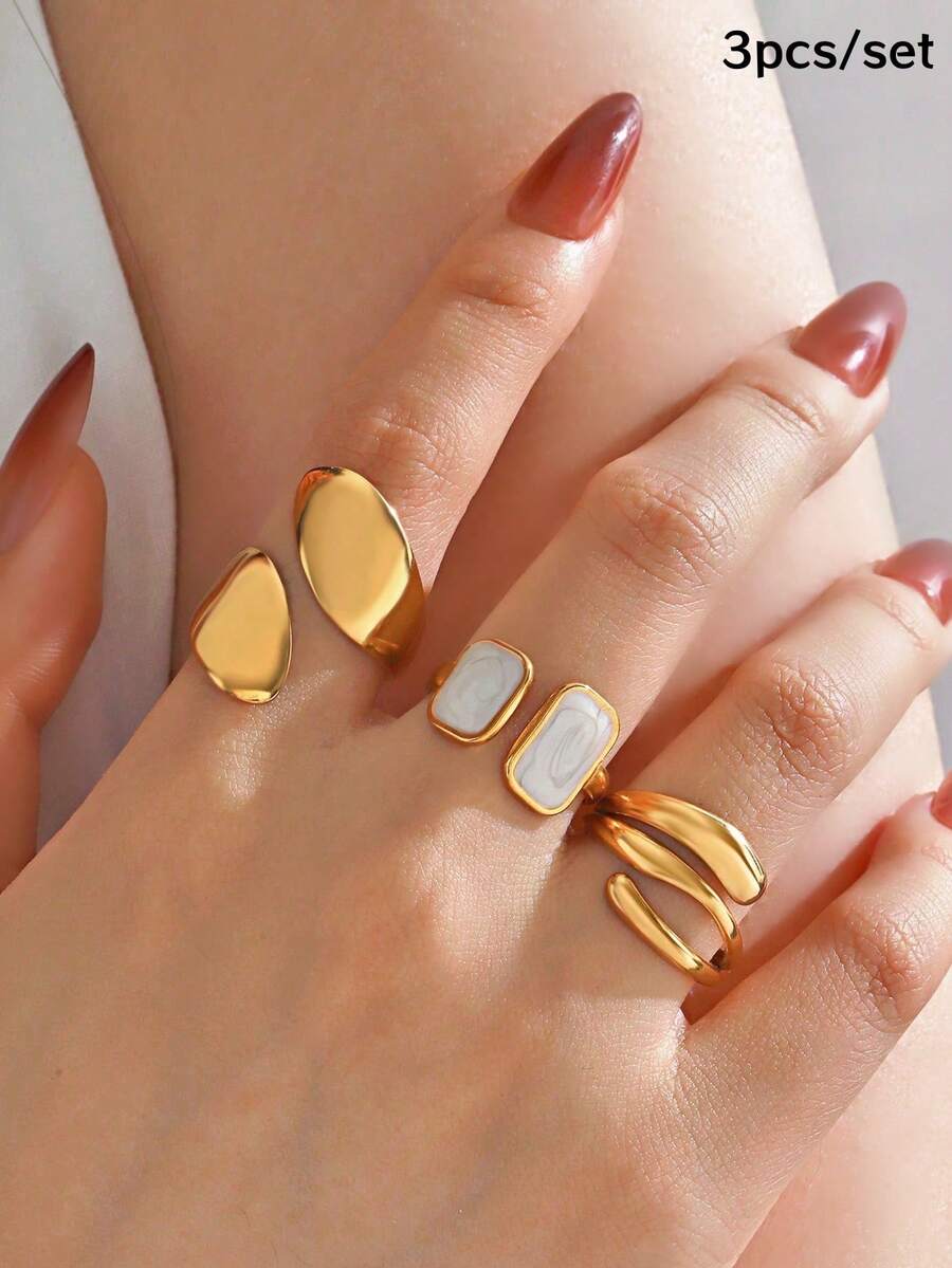 3Pcs Geometric Rings Set Irregular & White Enamel Stackable Jewelry For Women Party Accessories Holiday Gift - Gold - View 1