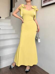 abyoxi 女款淡黃色蝴蝶結肩帶修身魚尾長洋裝，性感甜美優雅時尚浪漫，適合約會、派對、正式晚宴、情人節、返校季，修身魚尾夏季洋裝 - 鵝黃色 - 查看 6
