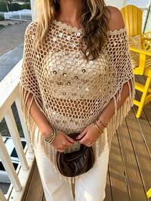 女士亮片流苏下摆上衣，波西米亚风钩针闪光披肩罩衫，适合春夏季节、海滩、泳池派对、音乐节度假穿着。 - 杏色 - 查看 1