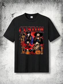 Customized Personalized Loose Fit Men's Printed T-Shirt, Customized Photo Halloween Vintage Style T-Shirt, Incorporate Your Photo To Create Funny And Scary Party Outfit, Customizable Name And Text To Design Your Personalized Printed T-Shirt - Black - View 2