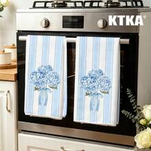 2PCS Blue Striped Hydrangea Kitchen Towels, Dish Cloth Thanksgiving Fall Farmhouse Kitchen Decor Gift - Blue and White - View 6