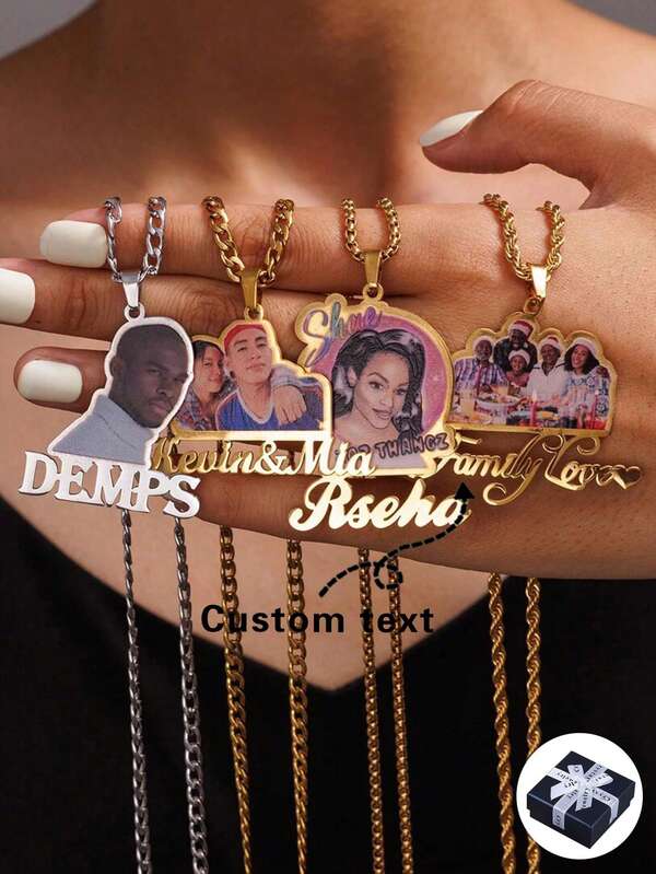 1pc Customized Colorful Photo Stainless Steel Cuban Necklace, Engravable Name/Photo Pendant, Personalized Family Memorial Necklace, Gold, Silver, Fashion, Autumn Popular, Colorful, Minimalist, Neutral, Hip-Hop Style, Customizable, Unique, Ideal Gift For Boyfriend, Boyfriend, Dad, Son, Grandparents, Suitable For Anniversary, Birthday, Daily Wear, Party, Mother's Day, Valentine's Day, Graduation, Wedding, Father's Day And Other Occasions.