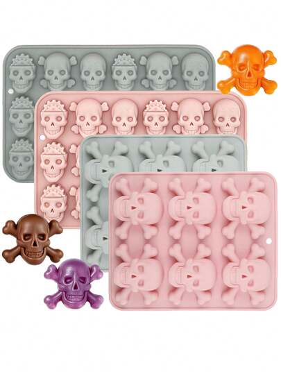 1/2pcs Halloween Skull 3D Silicone Mold, Heat Resistant Non-Stick Easy Release Reusable, Suitable For Chocolate, Gummy, Jelly, Ice Cubes, Cookies, Cold Process Soap, Aromatherapy Plaster And Fondant Cake Decoration, Ideal Choice For Halloween Theme Party Desserts