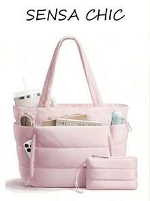 Tas Tote Minimalis Wanita, Tas Bahu Ringan Berbahan Quilted dengan Kompartemen Penyimpanan, Cocok untuk Bepergian, Berbelanja, Berolahraga, dan Penggunaan Sehari-hari - Berwarna merah muda - View 1