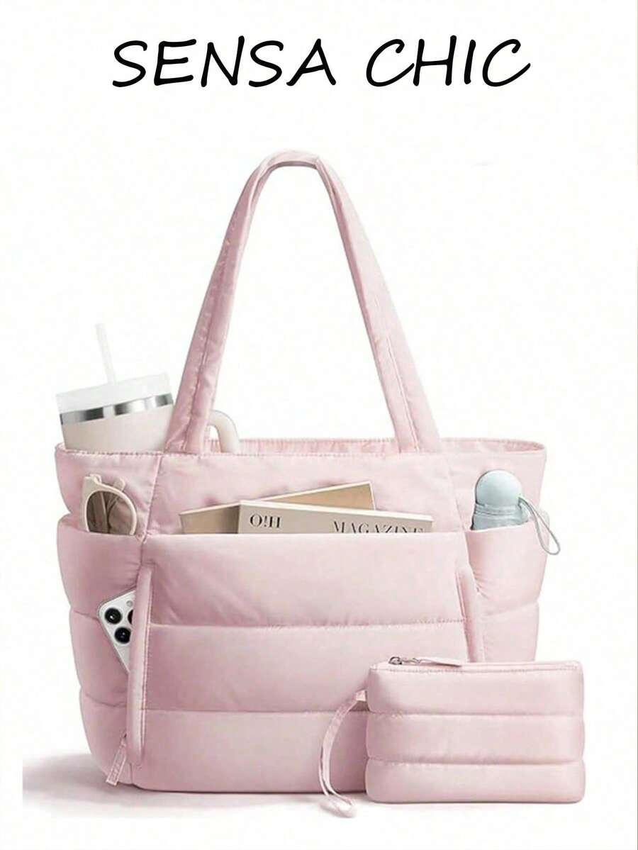 Tas Tote Minimalis Wanita, Tas Bahu Ringan Berbahan Quilted dengan Kompartemen Penyimpanan, Cocok untuk Bepergian, Berbelanja, Berolahraga, dan Penggunaan Sehari-hari - Berwarna merah muda - View 1
