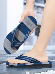 Sandal Jepit Pria Motif Blok Warna-warni Musim Panas, Bernapas/Anti Selip/Nyaman/Tahan Lama, Sandal Kasual Serbaguna untuk Pantai, Liburan, dan Kolam Renang - Biru - View 4