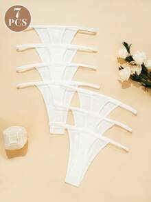 7pcs Women's Pure Cotton Ribbed Thong Panties, Soft Skin-Friendly G-String Briefs, Comfortable Triangle Underwear For Daily Wear, White - White - View 2