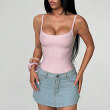 Camisole Rajut Slim Fit Warna Polos dengan Trim Kontras, Atasan Tank Pendek Leher Persegi dengan Resleting Belakang, Pakaian Dalam untuk Liburan Pantai Kasual - Berwarna merah muda - View 6