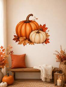 1pc Fall Pumpkins And Maple Leaves Wall Sticker, Autumn Theme PVC Self-Adhesive Wall Decal, Waterproof Removable Autumn Wall Decor, Peel And Stick For Living Room Bedroom Entryway, Thanksgiving Home Decoration - Autumn Harvest Theme - View 6