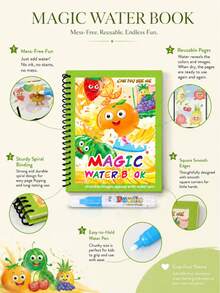 1pc Fruit Cartoon Magic Water Painting Book, Reusable Water Doodle Book With Water Pen, Mess-Free Preschool Early Education Toy Gift, Suitable For Children - Multicolor - View 3